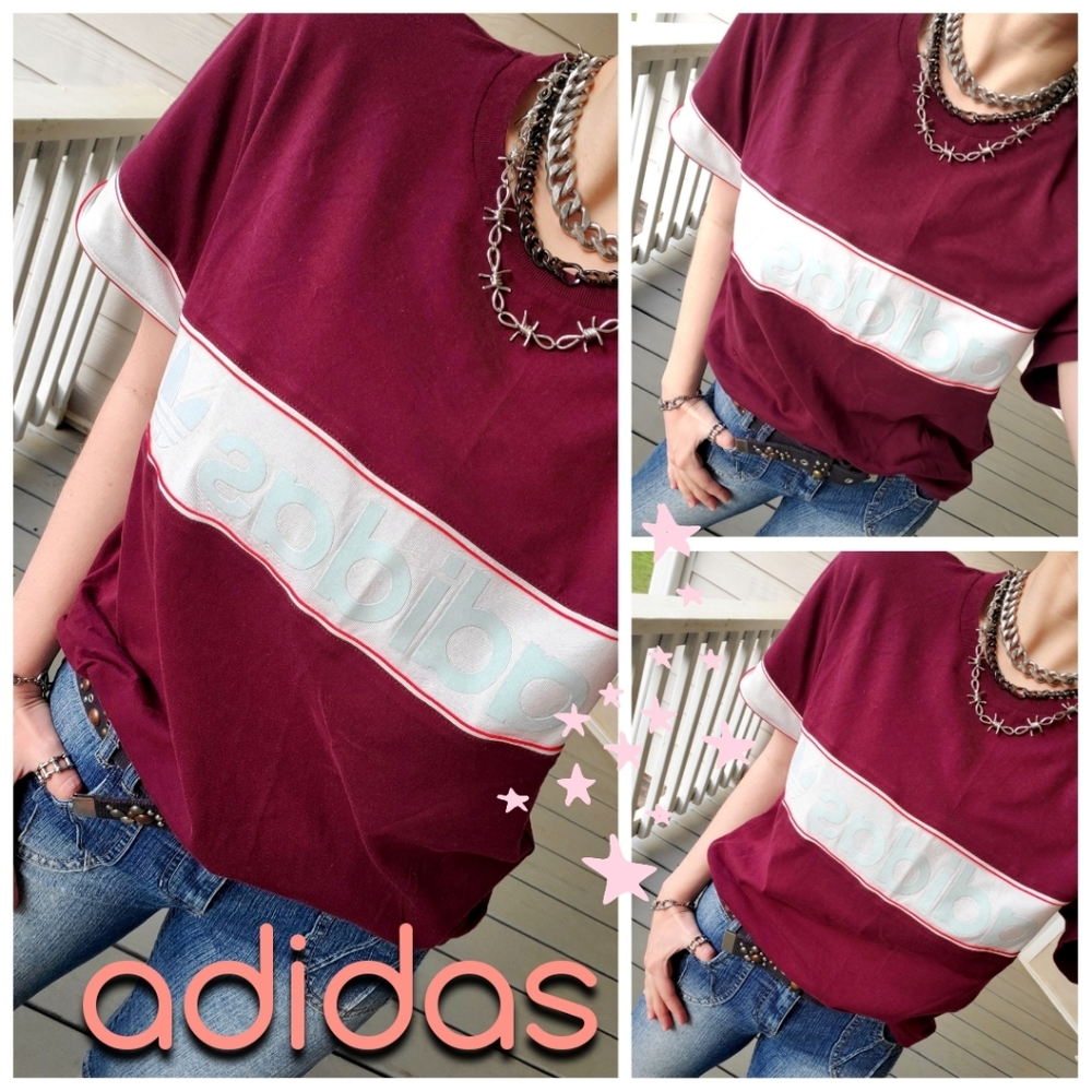 adidas Colorblock Contrast Velvet Logo Sporty Athleisure Tee (Burgundy) T-shirt